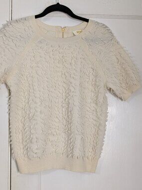 Anthropologie Maeve Scottie Textured Cream Merino Lambswool Short Sleeve Sweater